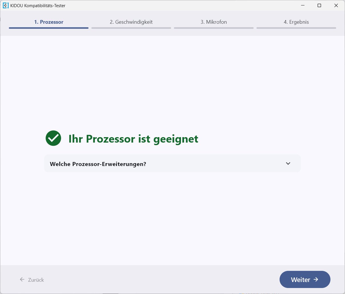 Schritt „1. Prozessor“ mit der Meldung „Ihr Prozessor ist geeignet“