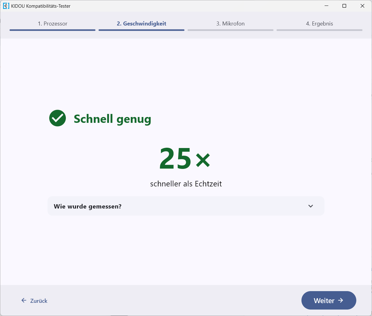 Schritt „2. Geschwindigkeit“ mit dem Ergebnis „25× schneller als Echtzeit“