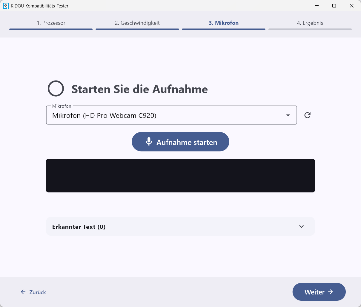 Schritt „3. Mikrofon“ – Mikrofon gewählt, Button „Aufnahme starten“ ist aktiv