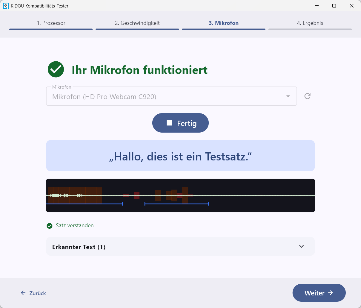 Schritt „3. Mikrofon“ mit der Meldung „Ihr Mikrofon funktioniert“ und „Satz verstanden“