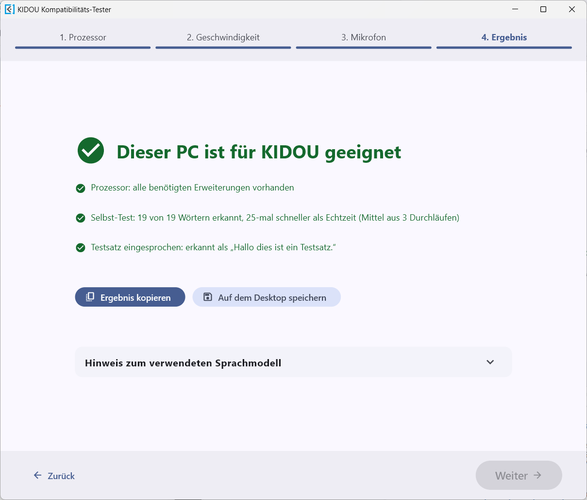 Schritt „4. Ergebnis“ mit der Meldung „Dieser PC ist für KIDOU geeignet“